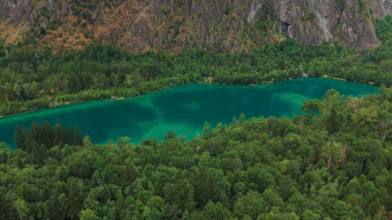 aerial shot around the lake of buclet near bourg d'oisans in Isere departementn Auvergne Rhone Alpes region, France