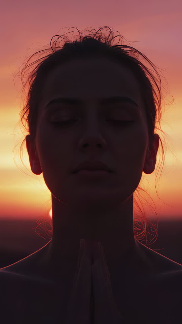 Vertical video: Standing woman holding prayer pose at sunset, bare shoulders with sun rim lighting