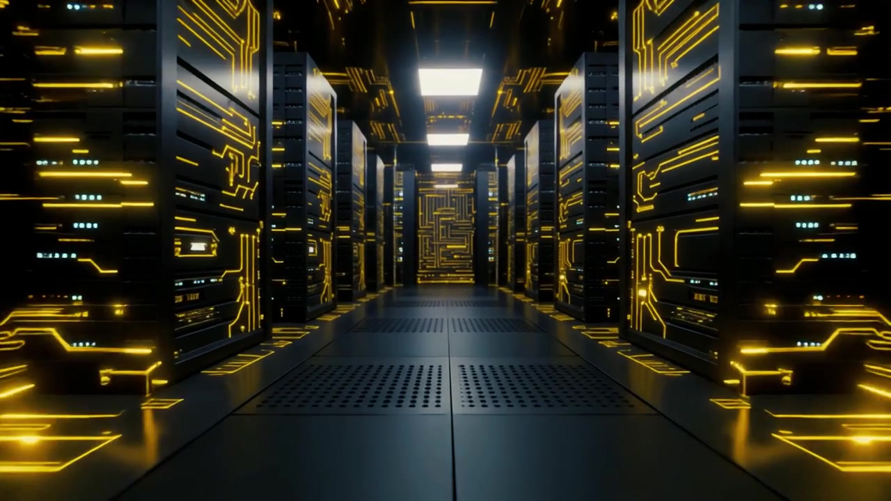 Futuristic Data Center Server Room with Glowing Yellow Circuitry