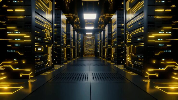 Futuristic Data Center Server Room with Glowing Yellow Circuitry
