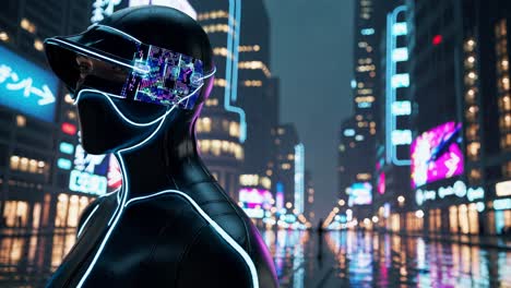 cyberpunk woman in futuristic city at night