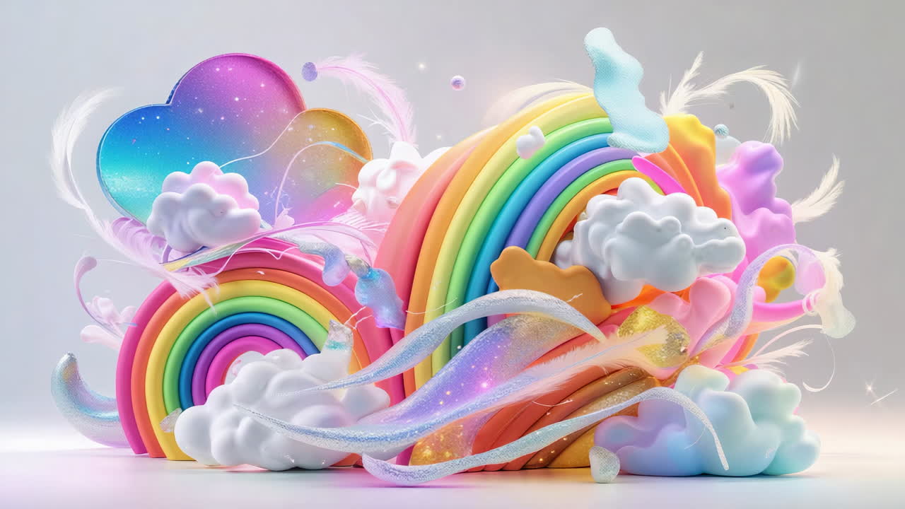 Fantasifuldt pastel regnbue drømmelandskab med skyer og glimmer