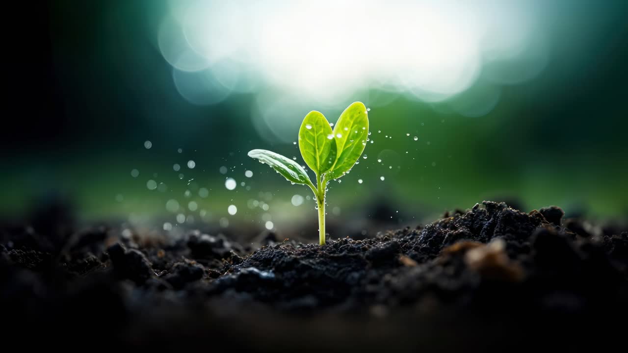Close-up video shot of a young plant sprouting from soil, captured at ground level