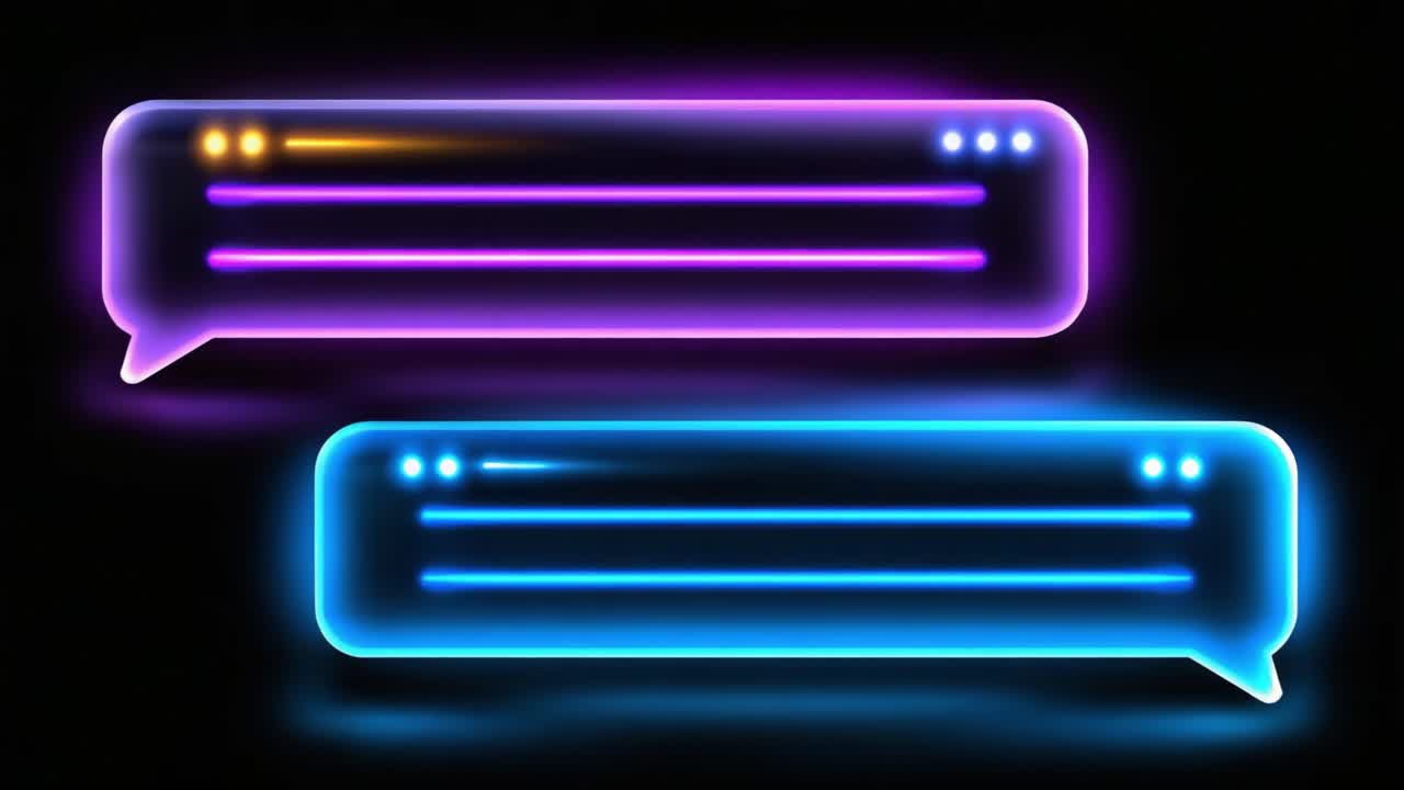 Livlige neon-beskedbobler på en mørk baggrund, der viser farverige tekstnotifikationer med dynamiske lyseffekter i en moderne digital kommunikationsæstetik.