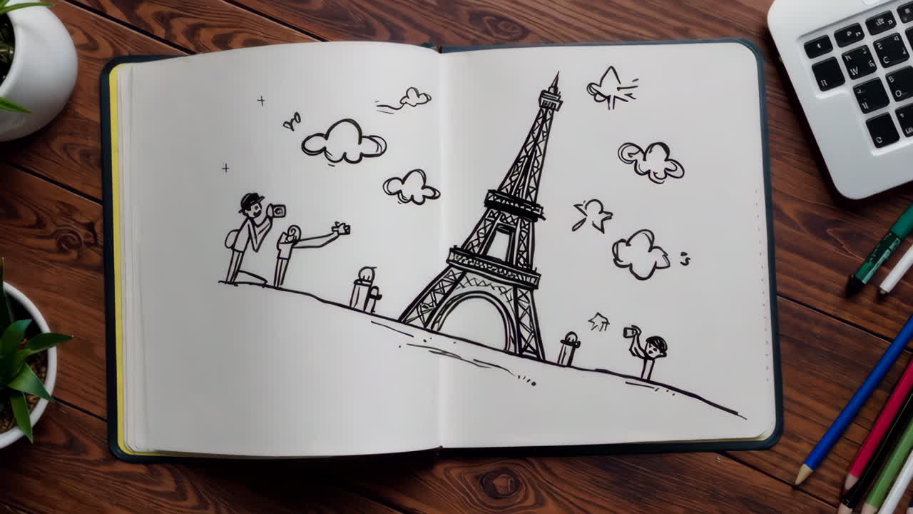 Eiffel Tower Sketch with Tourists