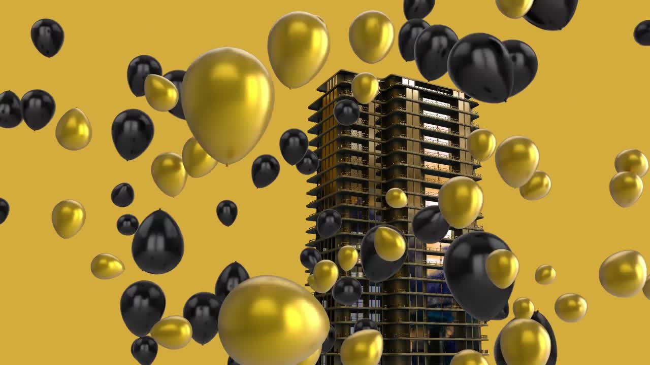animación digital de varios globos flotando sobre un modelo de edificio 3d contra un fondo amarillo