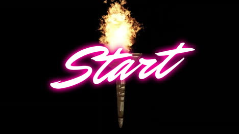 animation of pink neon start text over lit flame torch on black background