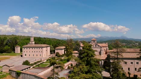 aerial view rising shoot of abbey of casamari from drone , frosinone ,lazio,italy