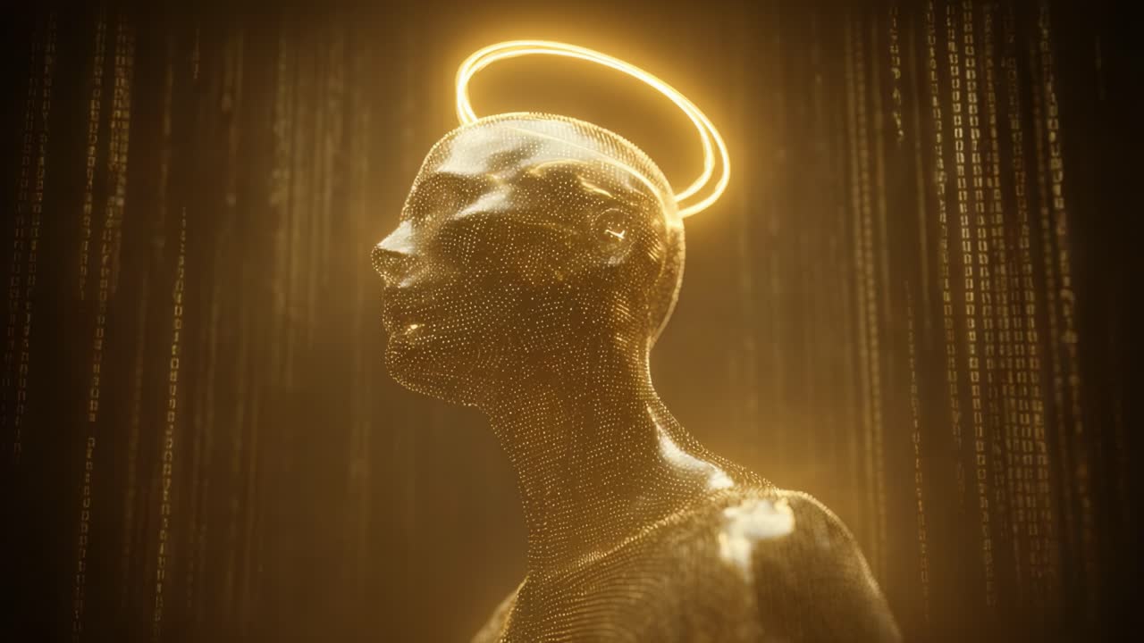 A mesmerizing golden figure with a halo, surrounded by cascading digital binary codes, portrays a futuristic and ethereal representation of enlightenment and technology in a stunning visual art piece