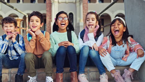 school, excited and face of children on stairs