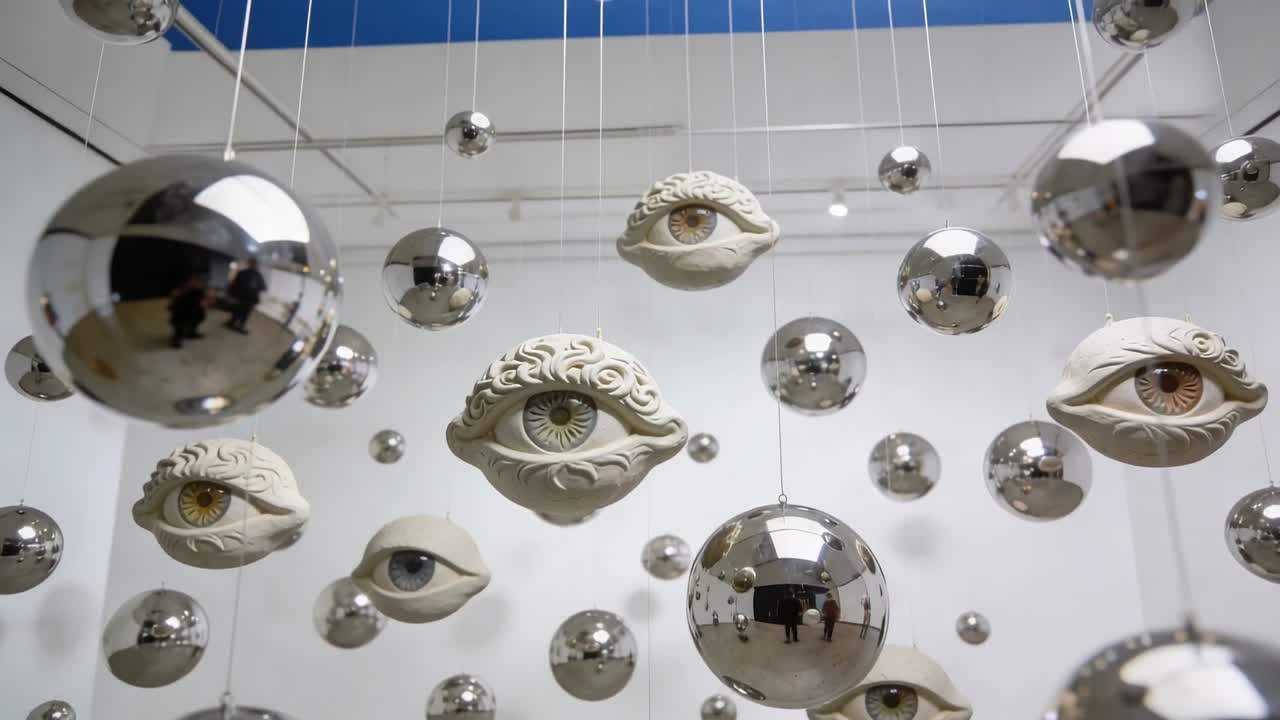 Eine sich bewegende Kamera enthüllt schwebende Augenformen und verspiegelte Kugeln in einer Galerie, die Tiefe zeigen.