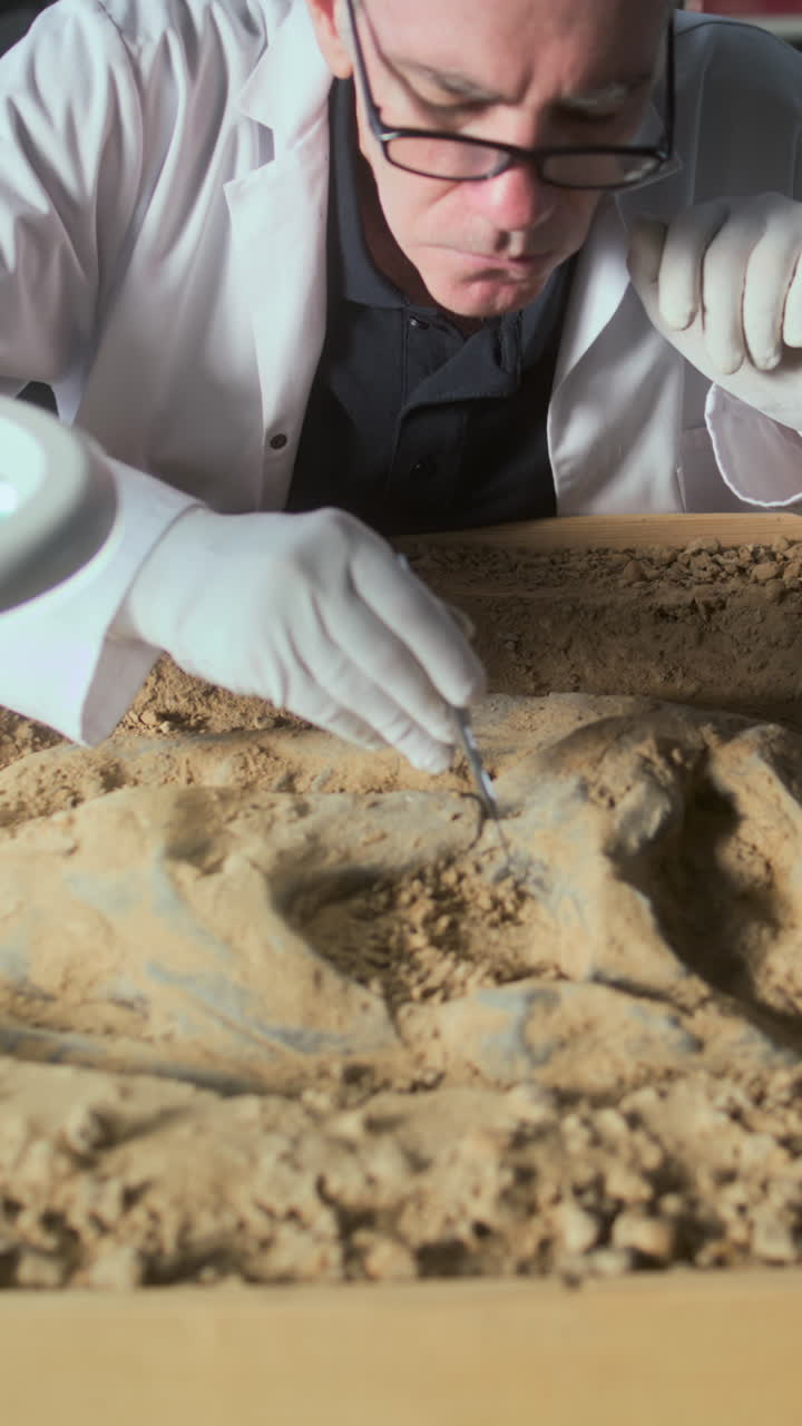 un paleontólogo examinando un fósil