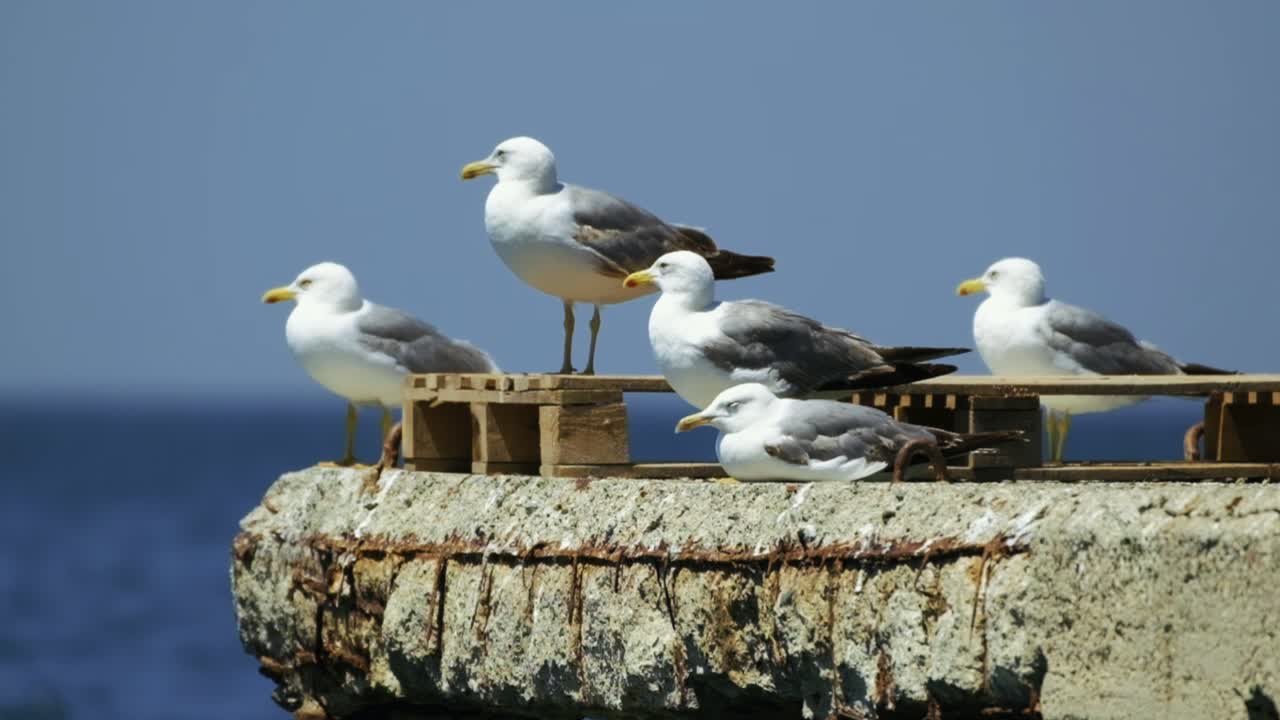 gaviotas de pie en la parte superior de una pared con el océano de fondo