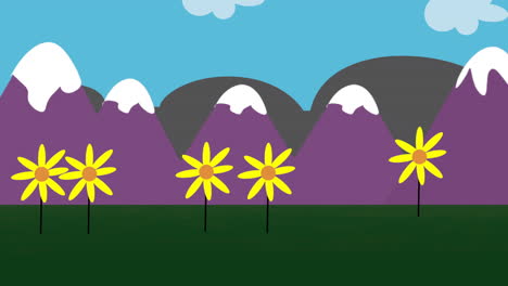 cartoon animation background with flowers and mountain 2
