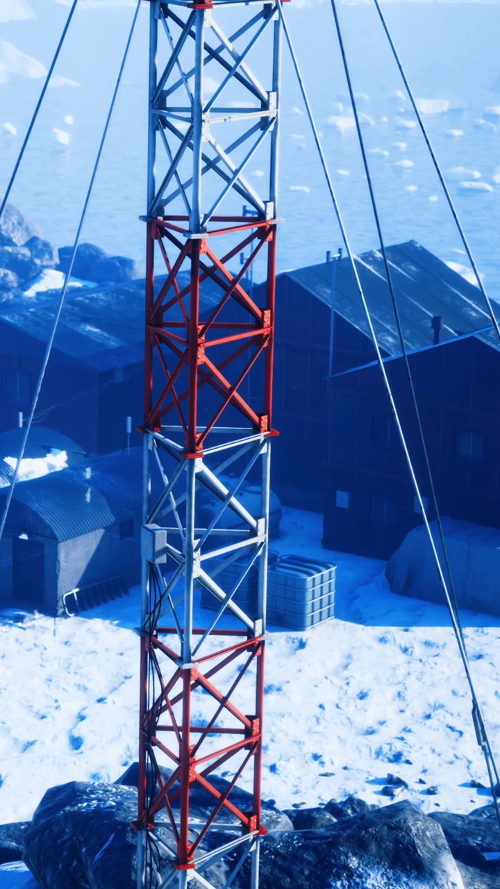 Vivid colors of a communication tower amidst a snowy arctic landscape