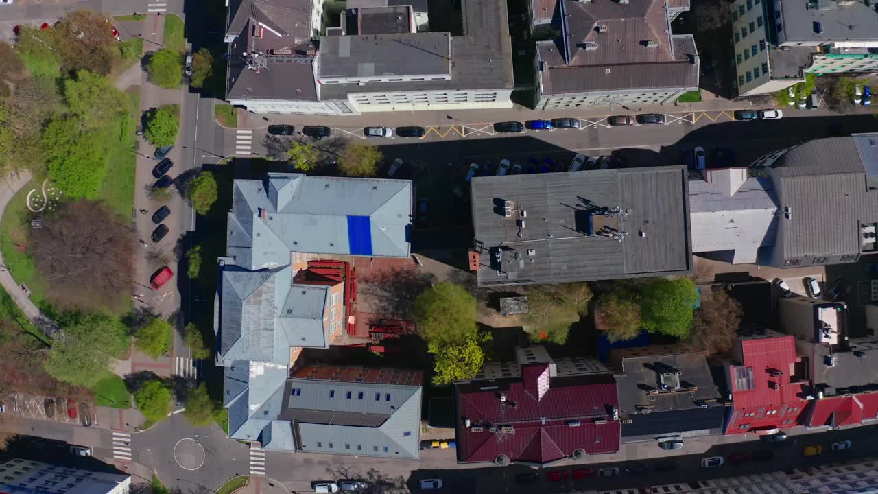 Top drone shot of buildings in city center of ostrava