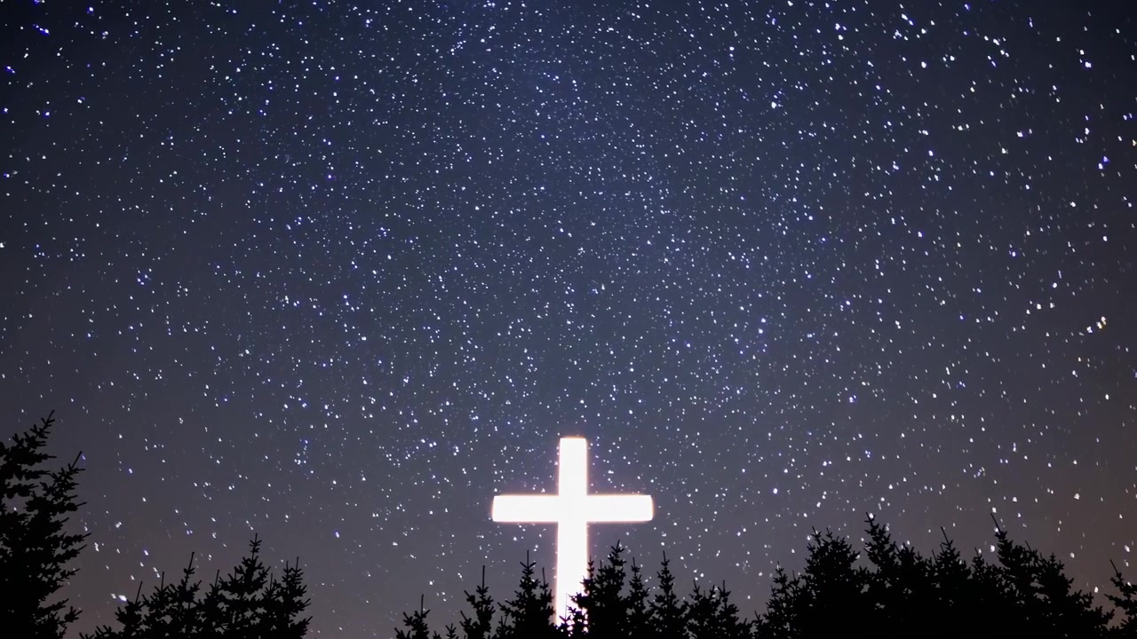 Glowing Christian Cross Silhouette Against a Starry Night Sky