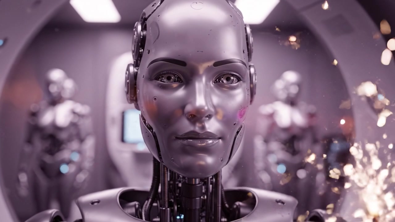 Primo piano affascinante di robot futuristici che mostrano caratteristiche ed espressioni simili a quelle umane in un ambiente di laboratorio ad alta tecnologia, catturati in due inquadrature coinvolgenti.