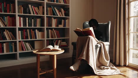 mujer leyendo en una acogedora biblioteca doméstica