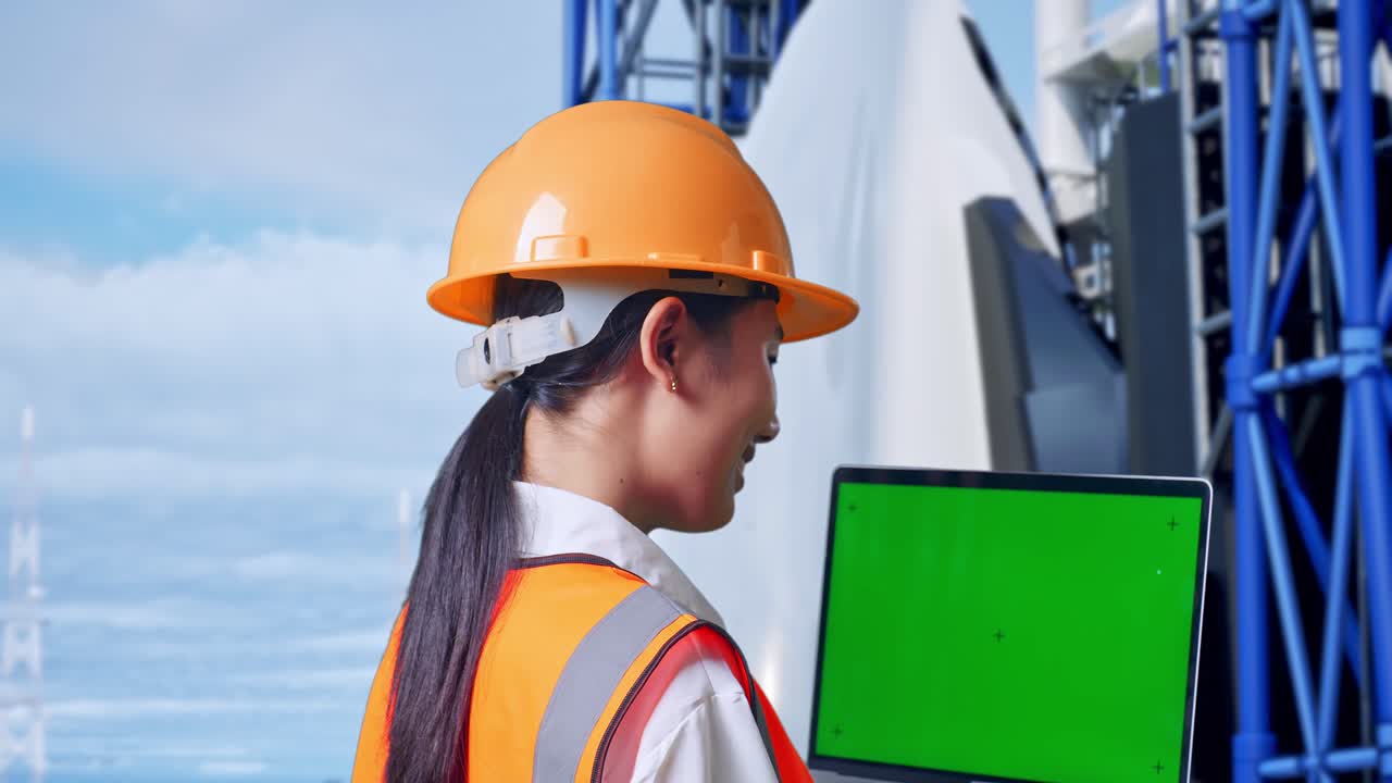 안전 헬을 착용한 아시아 여성 엔지니어가 녹색 화면 노트북에서 작업하고 우주왕복선과 함께 주변을 둘러보고 있는 모습