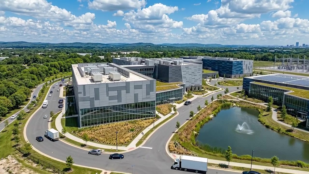Vista aérea de campus da sede com lago e paisagem verde