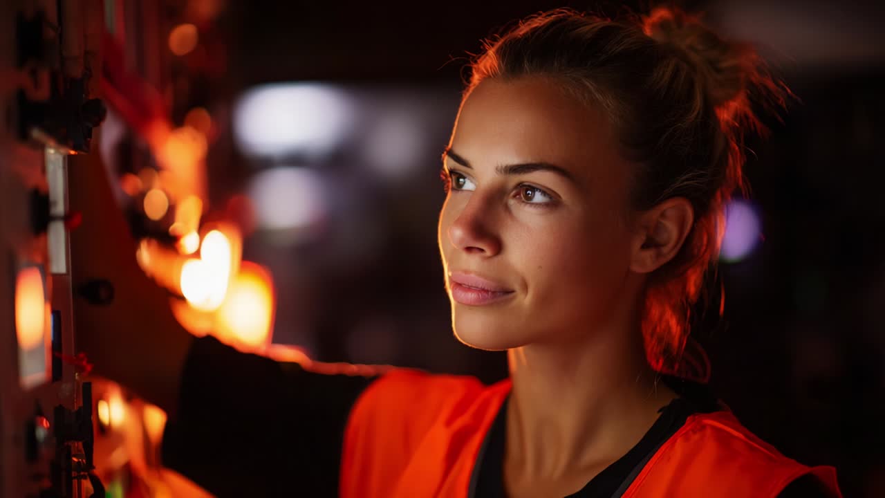 A focused young woman in an orange safety vest, thoughtfully interacting with illuminated control panels, showcasing her concentration and dedication in a dimly lit environment, surrounded by vibrant lights