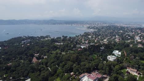 antibes and cannes coastline, wide aerial panorama landscape with copy space in sky