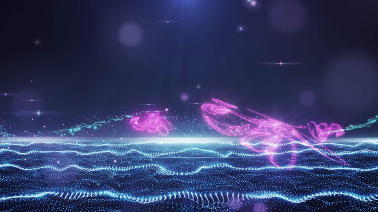 파란 바다 위에 반이는 꽃과 나비가 있는 추상적인 디지털 미술