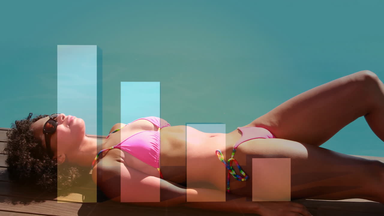 relajándose en la piscina, mujer en bikini rosa con animación de gráficos de barras