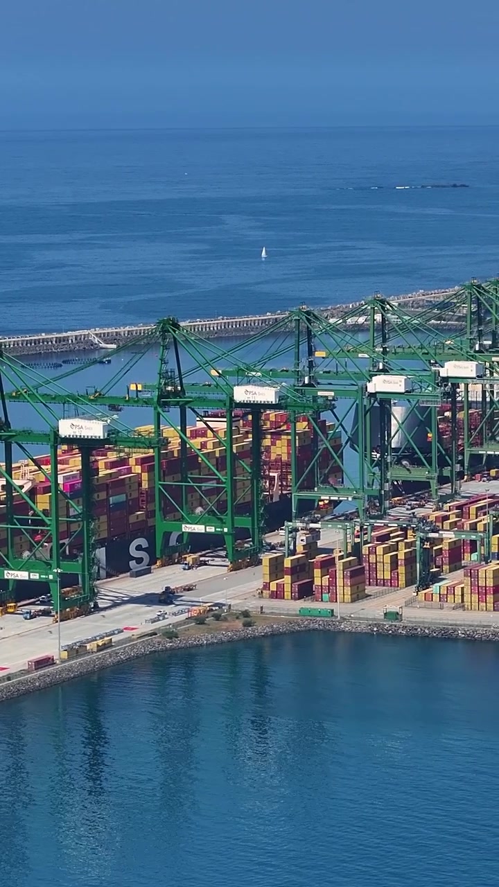 Container terminal located by the sea shows cargo ship loading shipping containers. Global shipping activity supports international trade. Freight transportation is ongoing throughout the area.