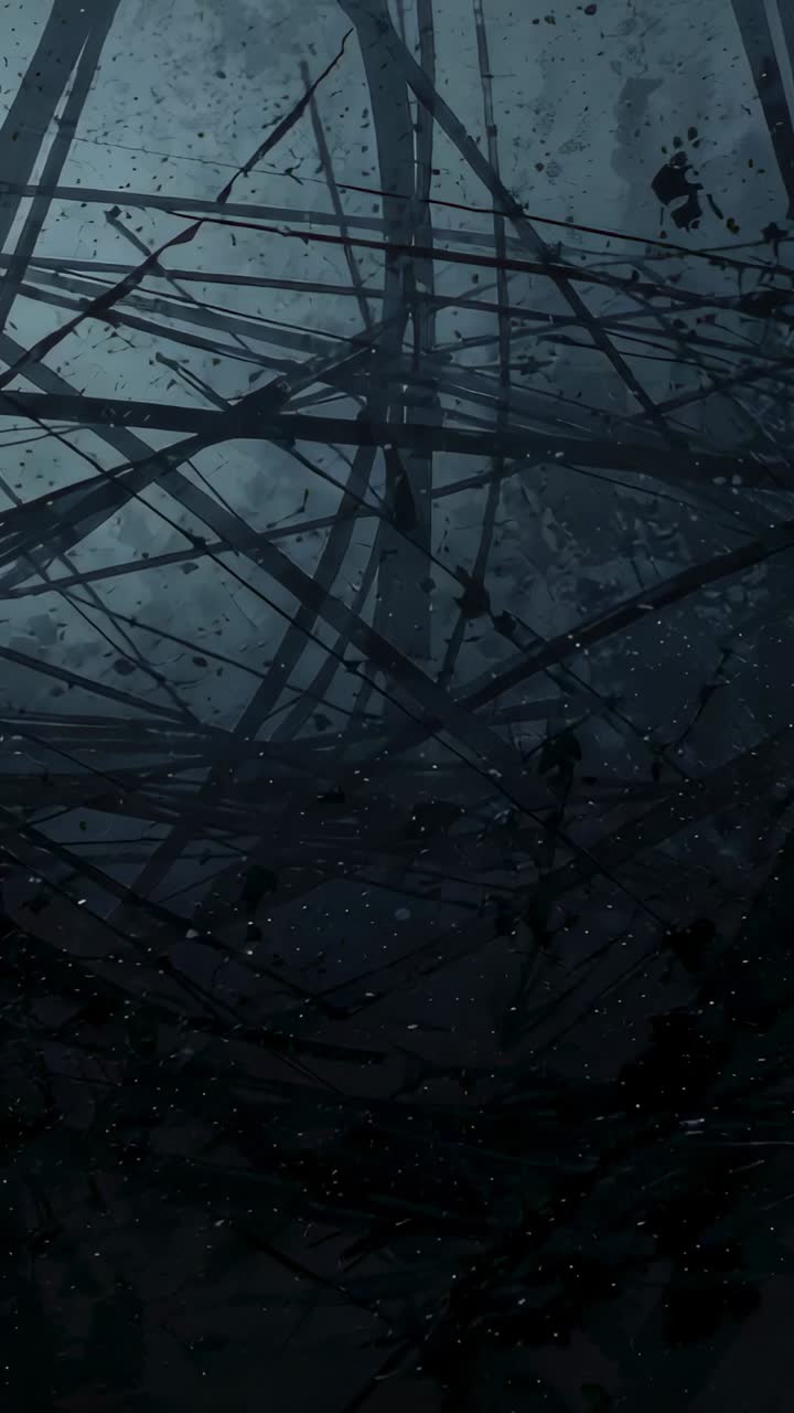 Vertical video: Revealing tangled metal rods shifting in dim void, with drifting dust particles
