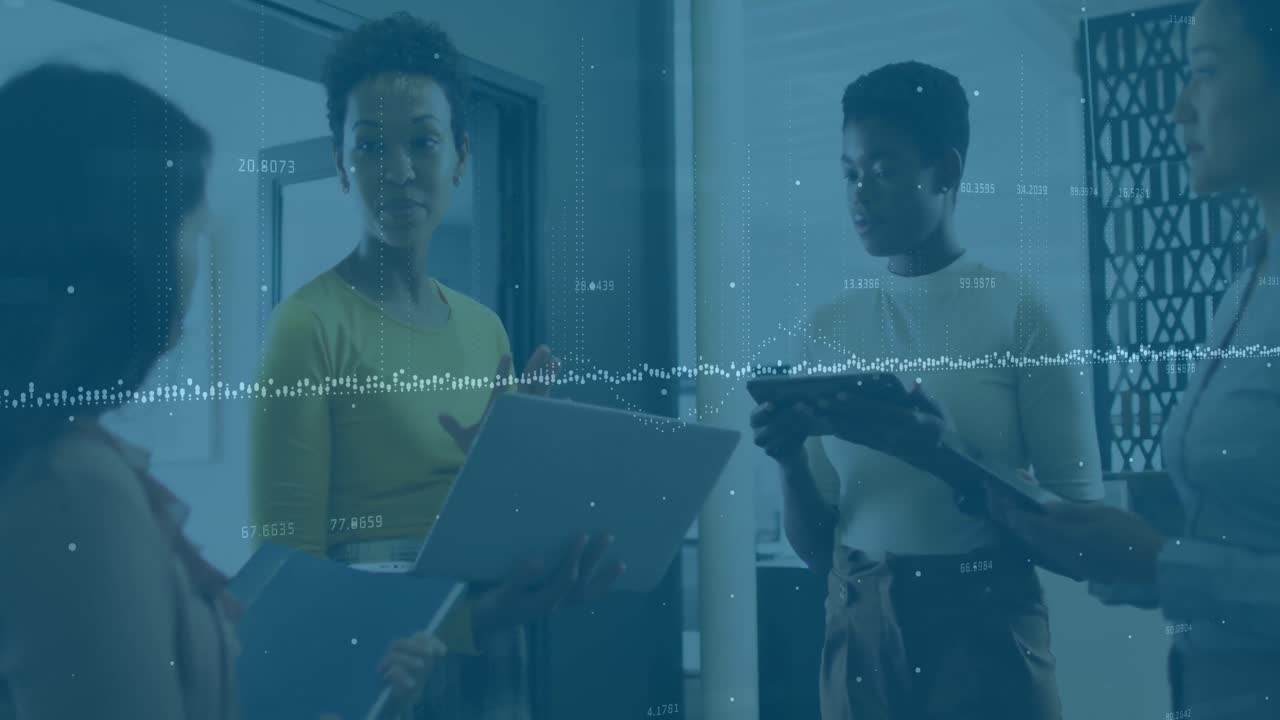 Animation of financial data processing over diverse business people in office