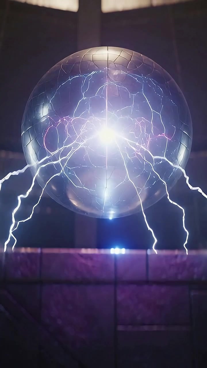 Video verticale: Globo al plasma pulsante che emette scariche mentre il nucleo lampeggia in una stanza con un pannello per display