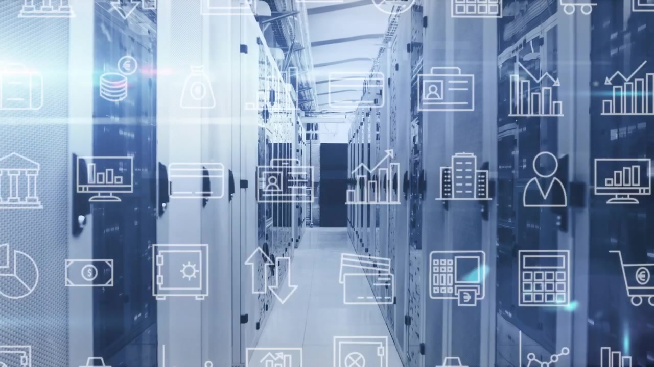 Digital Financial Icons Overlaid on Modern Server Room Data Center
