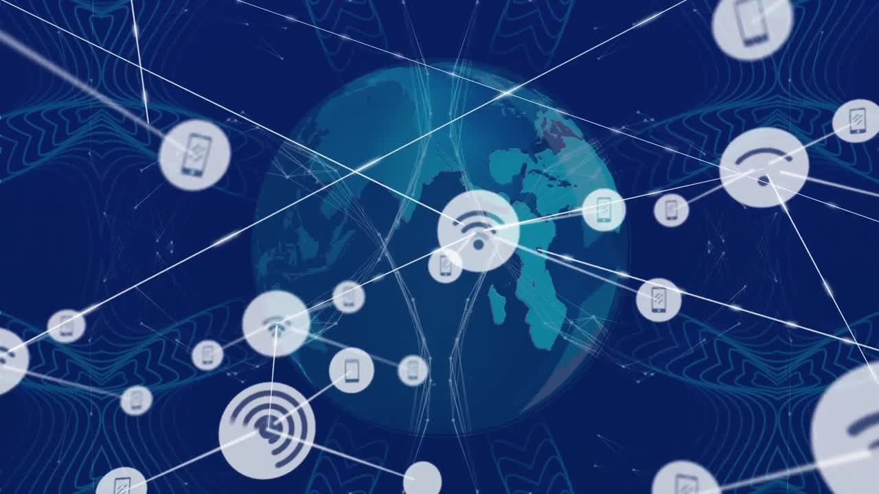 Animation of network of connections with icons over globe