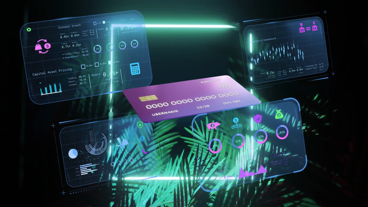 Animation of glowing neon lights with futuristic digital interface and data charts