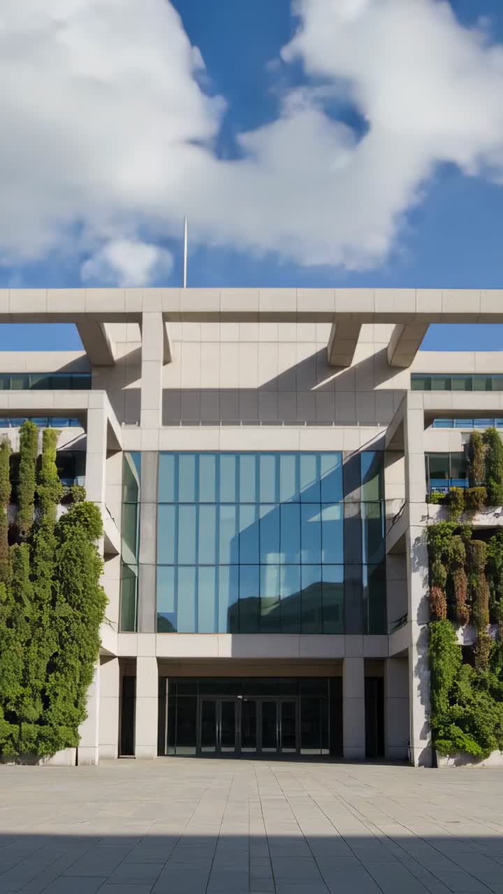Lapso de tiempo de un edificio moderno con paredes verdes y nubes en movimiento