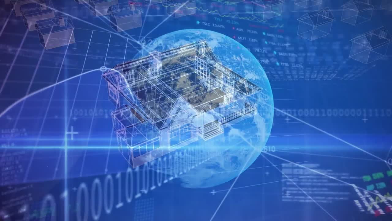 주택 모델의 애니메이션과 배경에 주식 시장 디스플레이에 대한 세계