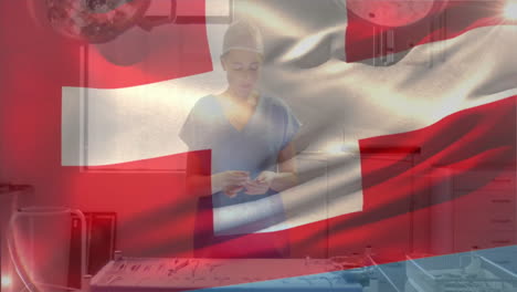In hospital, healthcare professional wearing surgical attire with Swiss flag overlay