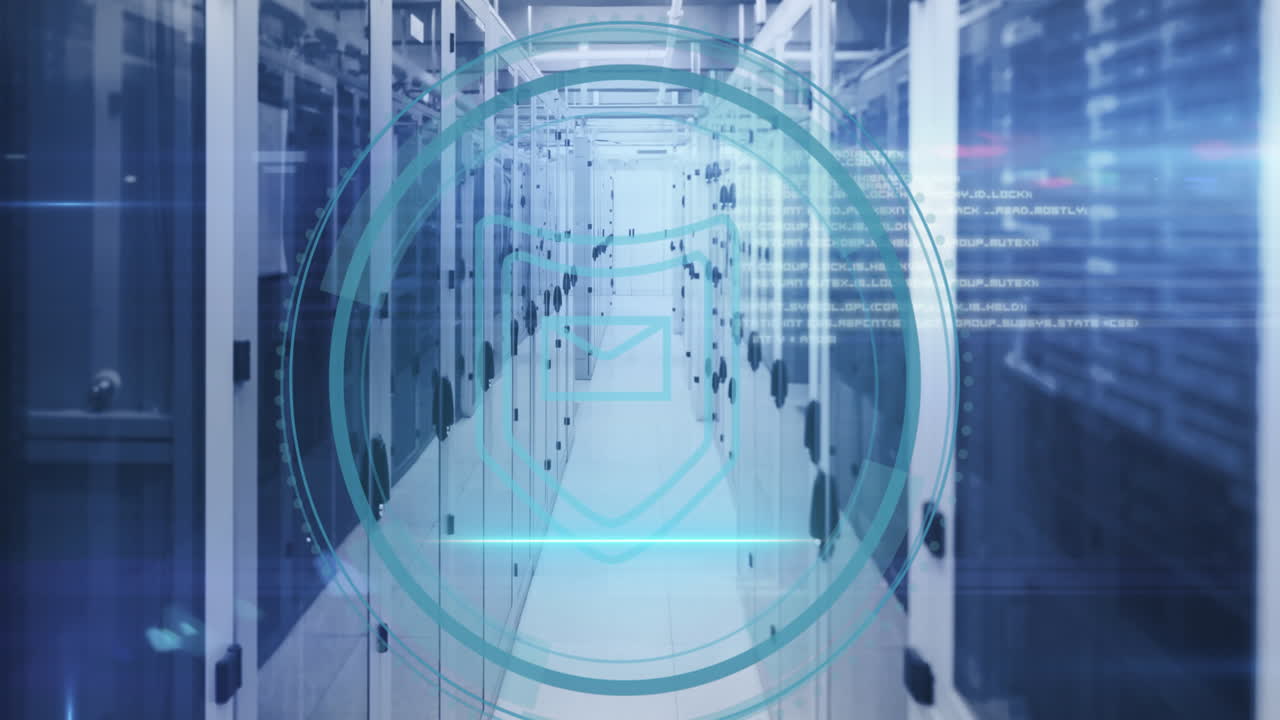 Animation of shield icon and data processing over computer servers