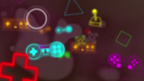 animación del procesamiento de escáneres e iconos coloridos de juegos y medios en fondo oscuro