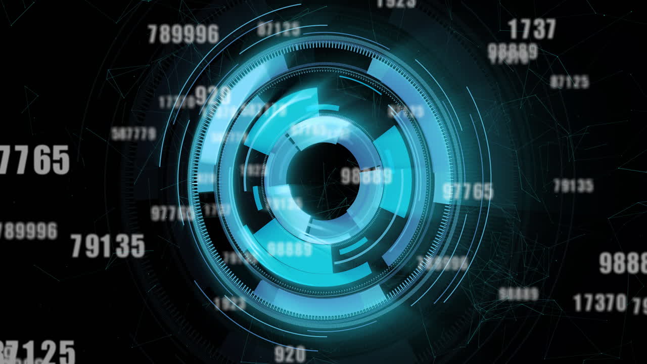 Animation of data processing over blue circular scanner on black background