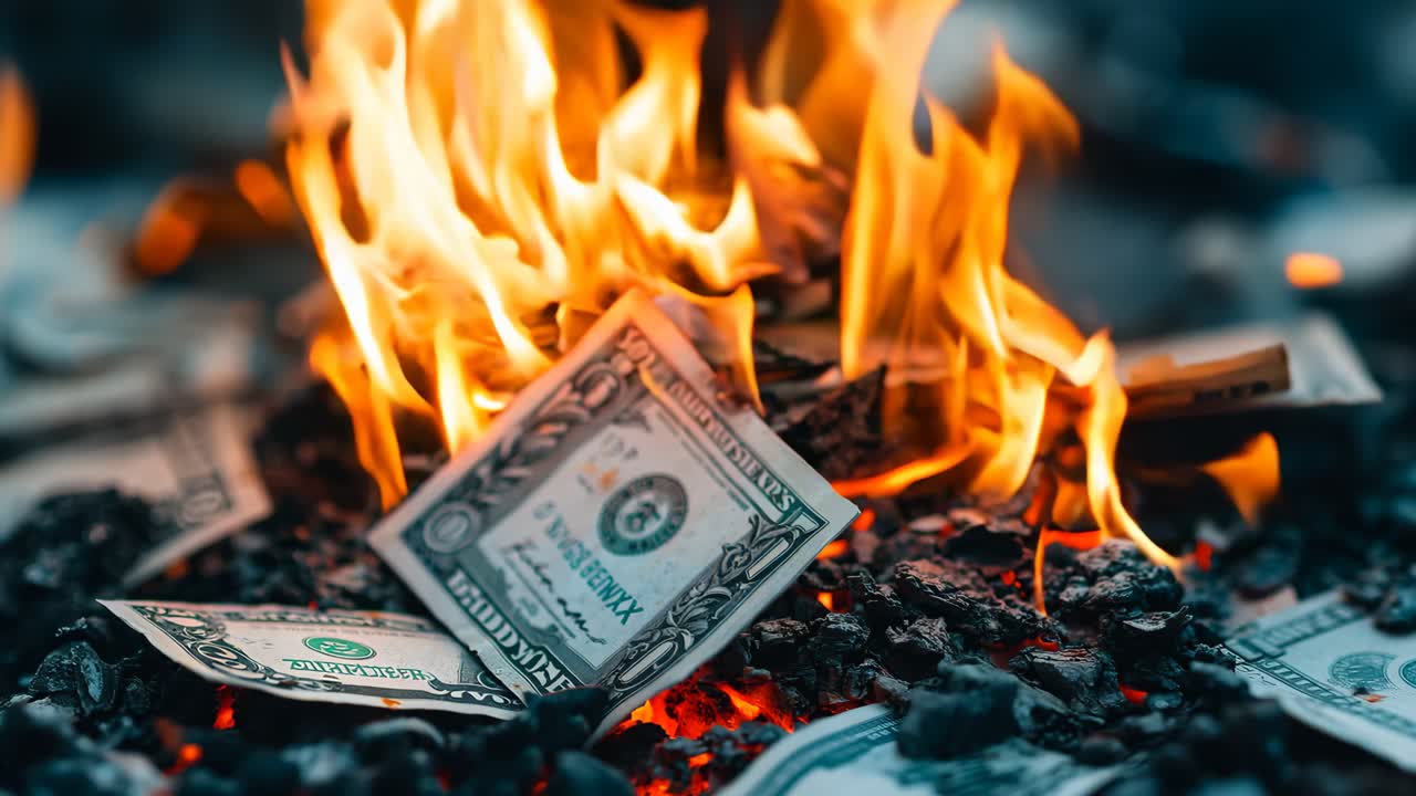 A pile of money on fire with a lot of money in it