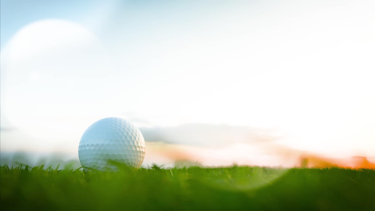 Golfbal op groen gras met felle zon en lensflare
