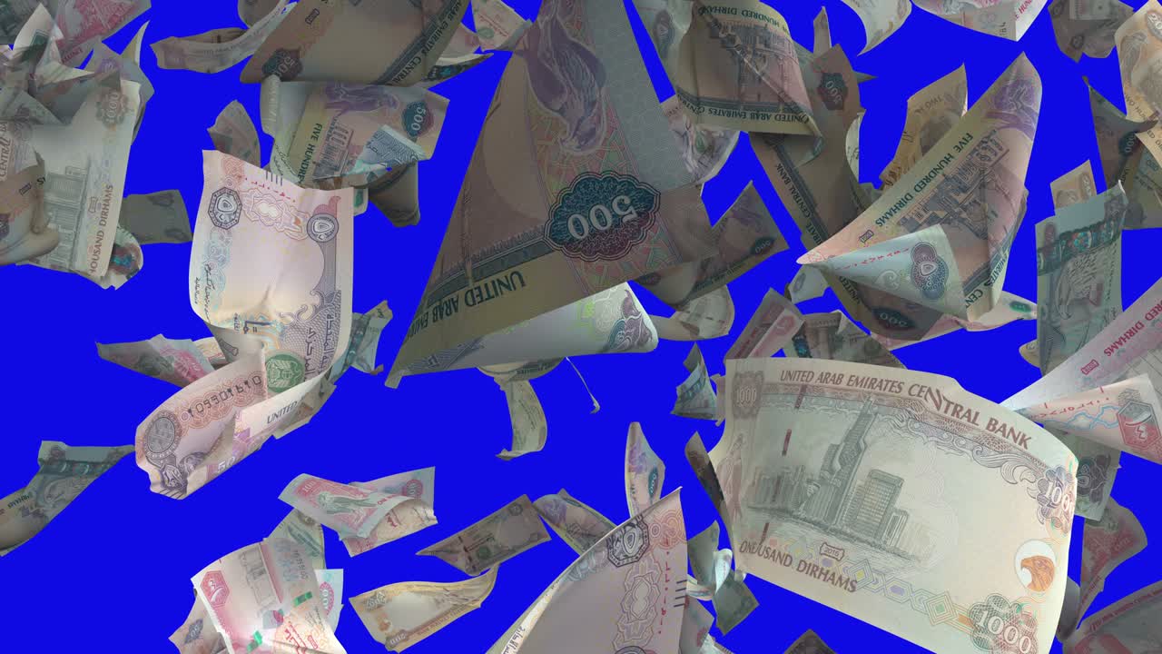 아랍에미리트 디르함에 떨어지는 지폐 크로마 키 4k