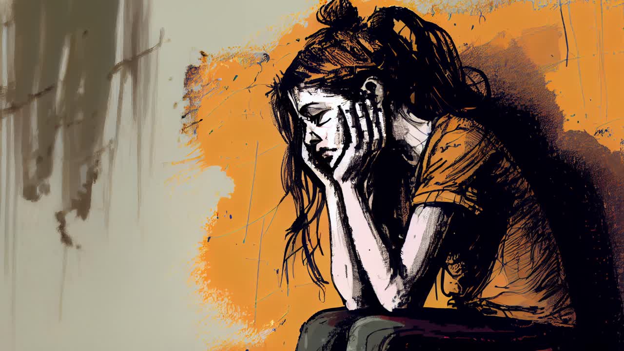 animation sketch of a woman sitting down and looking depressed