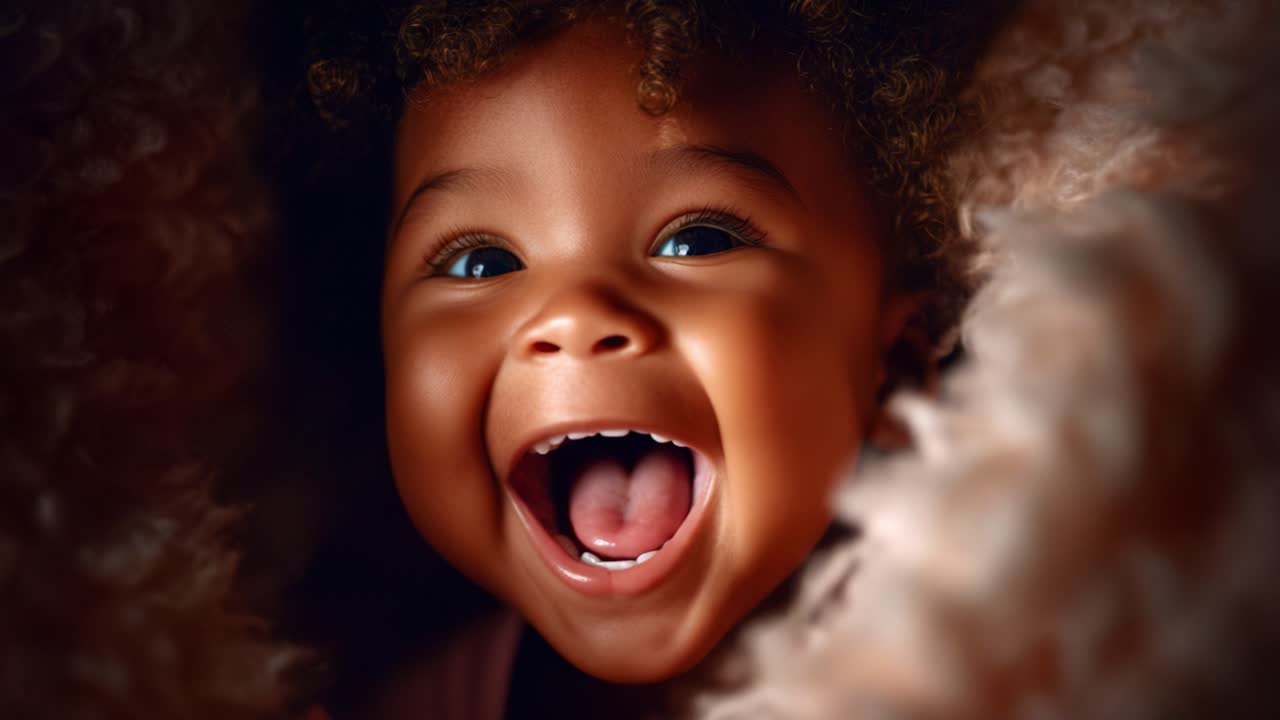 Bambino adorabile che esprime pura gioia con un ampio sorriso, circondato da trame morbide, catturando un momento di felicità e meraviglia in un'atmosfera accogliente e invitante