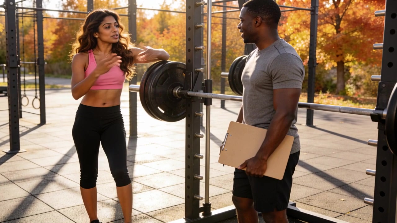 Iniziando a parlare, una donna con reggiseno rosa si appoggia al bilanciere nello squat rack, mentre l'allenatore tiene un blocco note per il coaching.