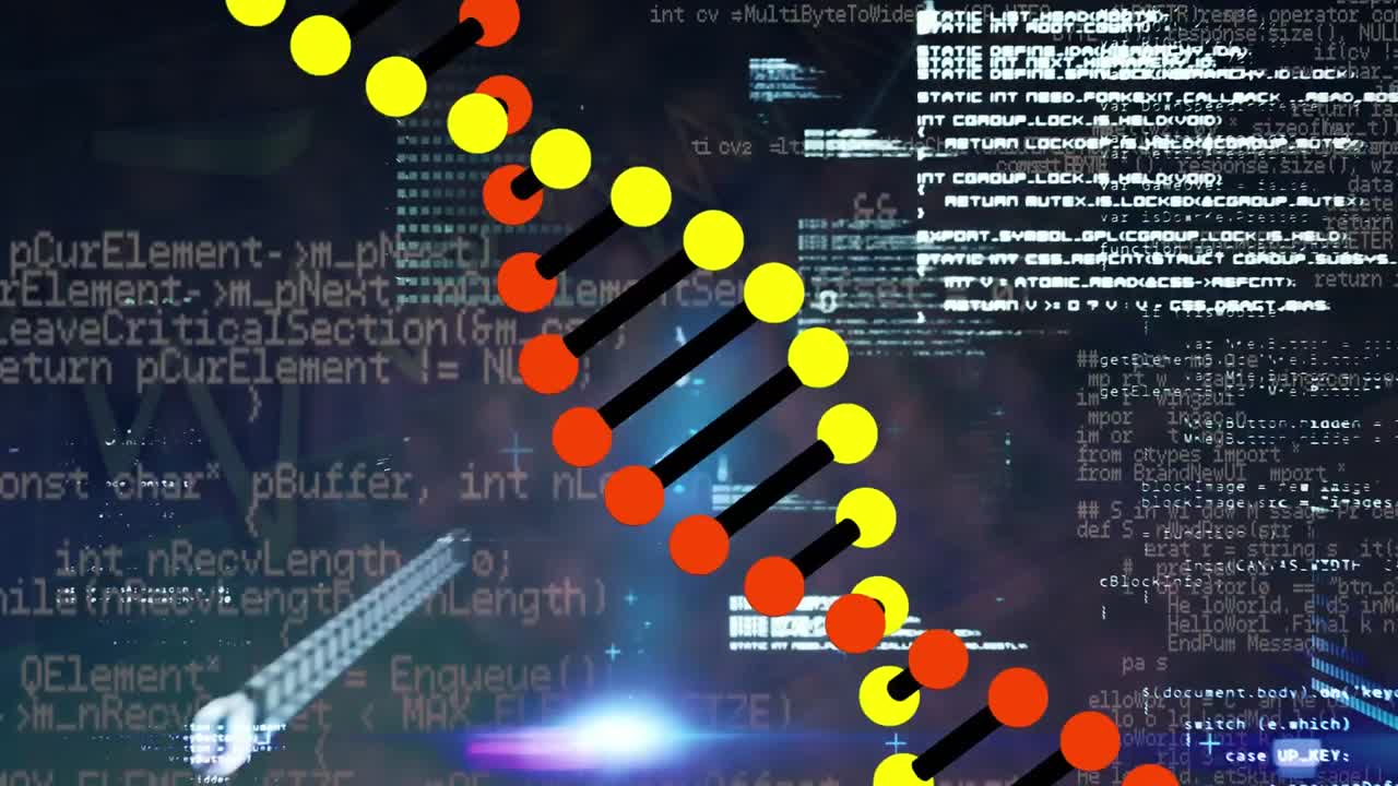 animación de la estructura del adn girando sobre el procesamiento de datos y punto de luz contra un fondo azul