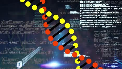 Animation-Der-DNA-Struktur,-Die-Sich-über-Die-Datenverarbeitung-Dreht,-Und-Lichtfleck-Vor-Blauem-Hintergrund